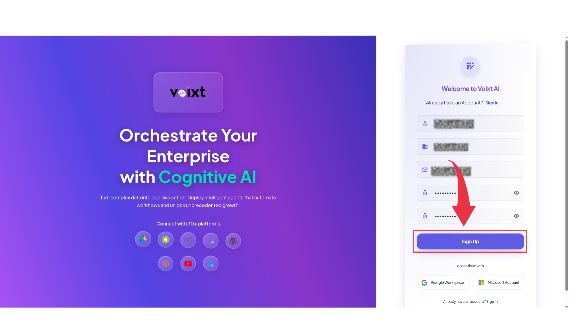 Sign up form with filled value and mark on sign up