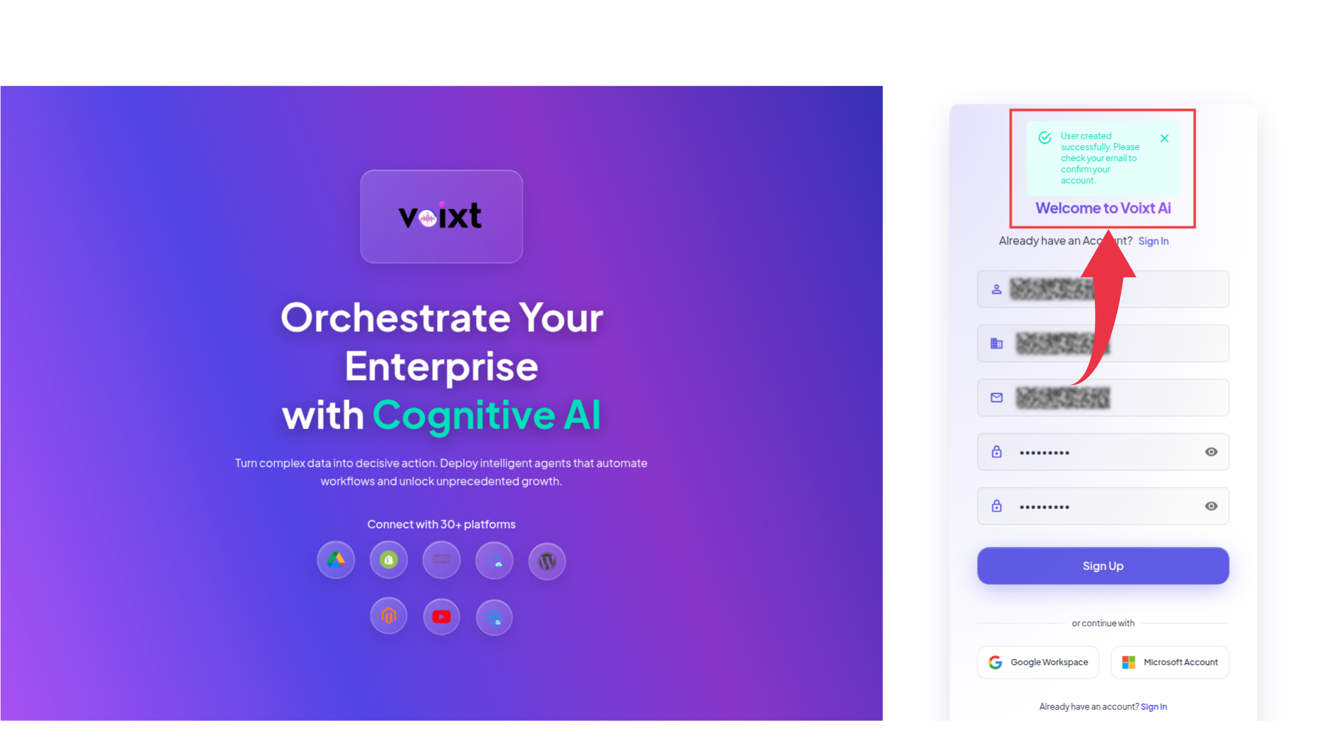 Sign up with indication of sending mail