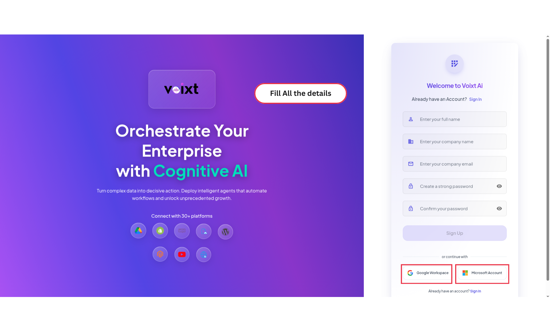 Sign Up image without filled text with markup of Google and microsoft